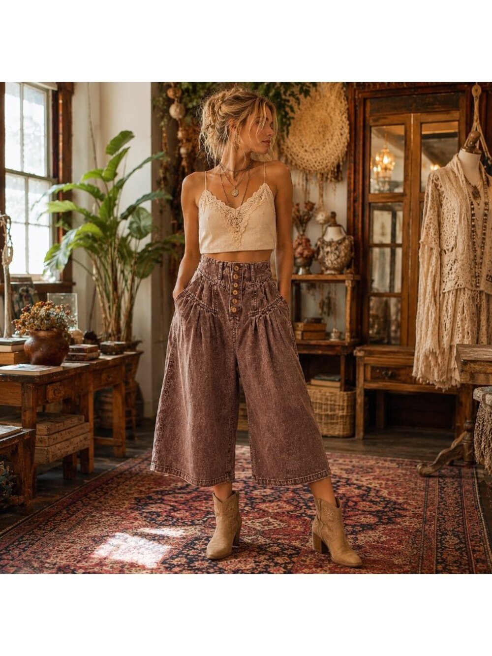 Fantastic Fawn Womens Cropped Wide Leg Pants Size L Brown Acid Wash Boho Western